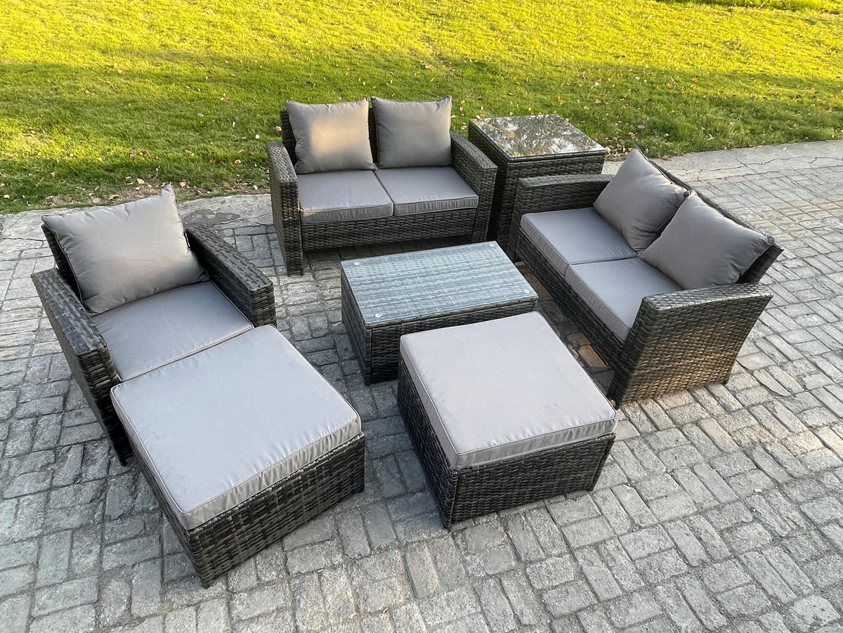 GARTENMÖBEL-SET SOFA STUHL COUCHTISCH 2 HOCKER BEISTELLTISCH Polyrattan Dunkelgrau Gemischt 7-Sitzer - Dunkelgrau, Metall - Fimous