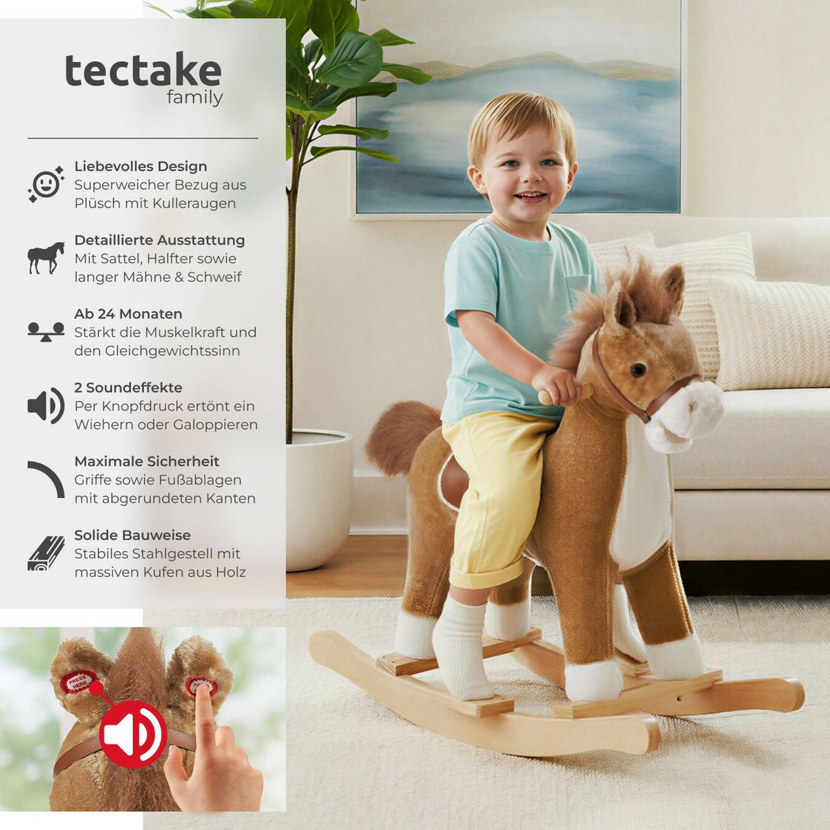 SCHAUKELPFERD , massive Holzkufen, ab 24 Monaten geeignet, braun - Braun, Textil (31/61/65cm) - tectake