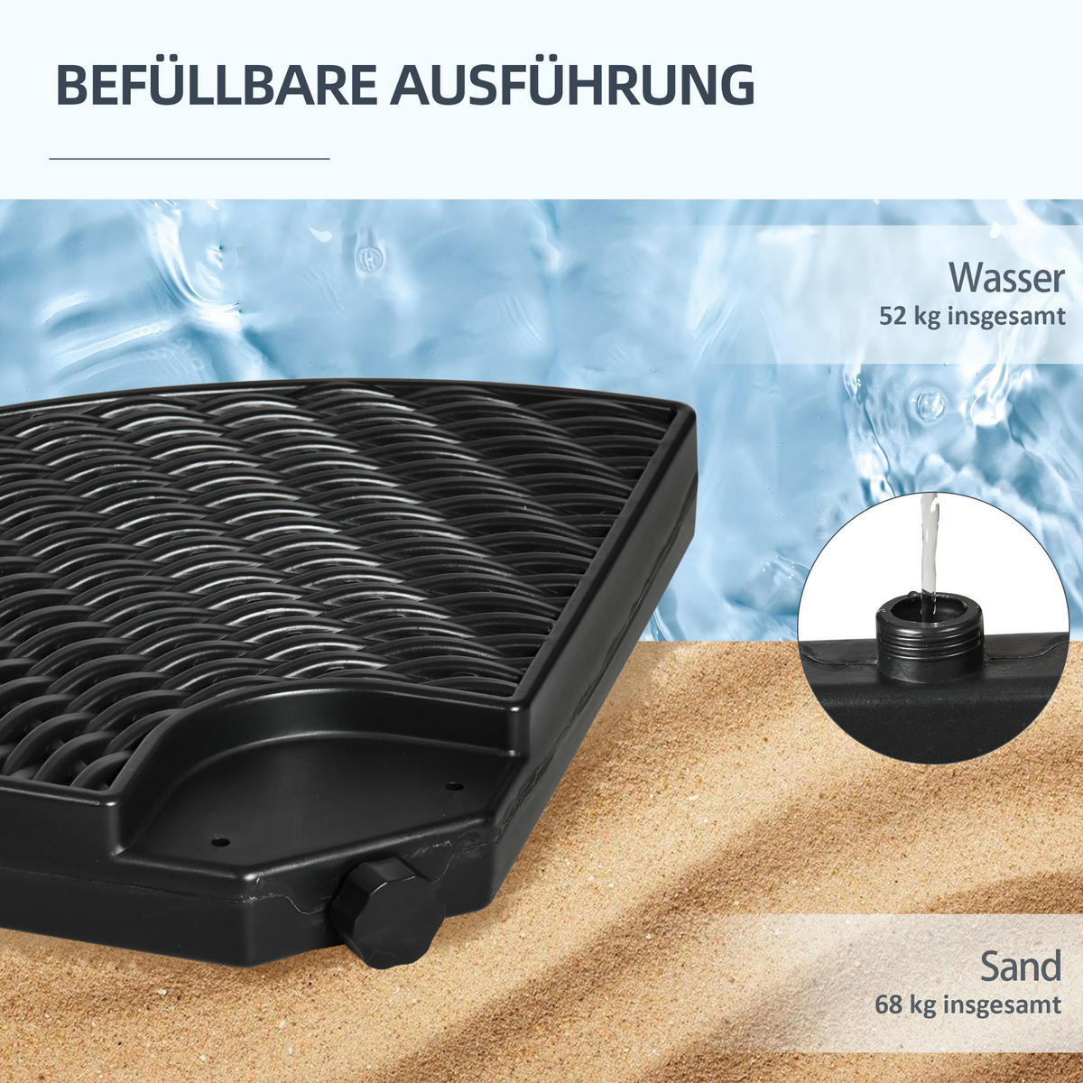 SONNENSCHIRMGEWICHT wetterfest, mit 52 kg Wasser oder 68 kg Sand befüllbar, HDPE, Schwarz - Schwarz, Kunststoff (100/100cm) - Outsunny