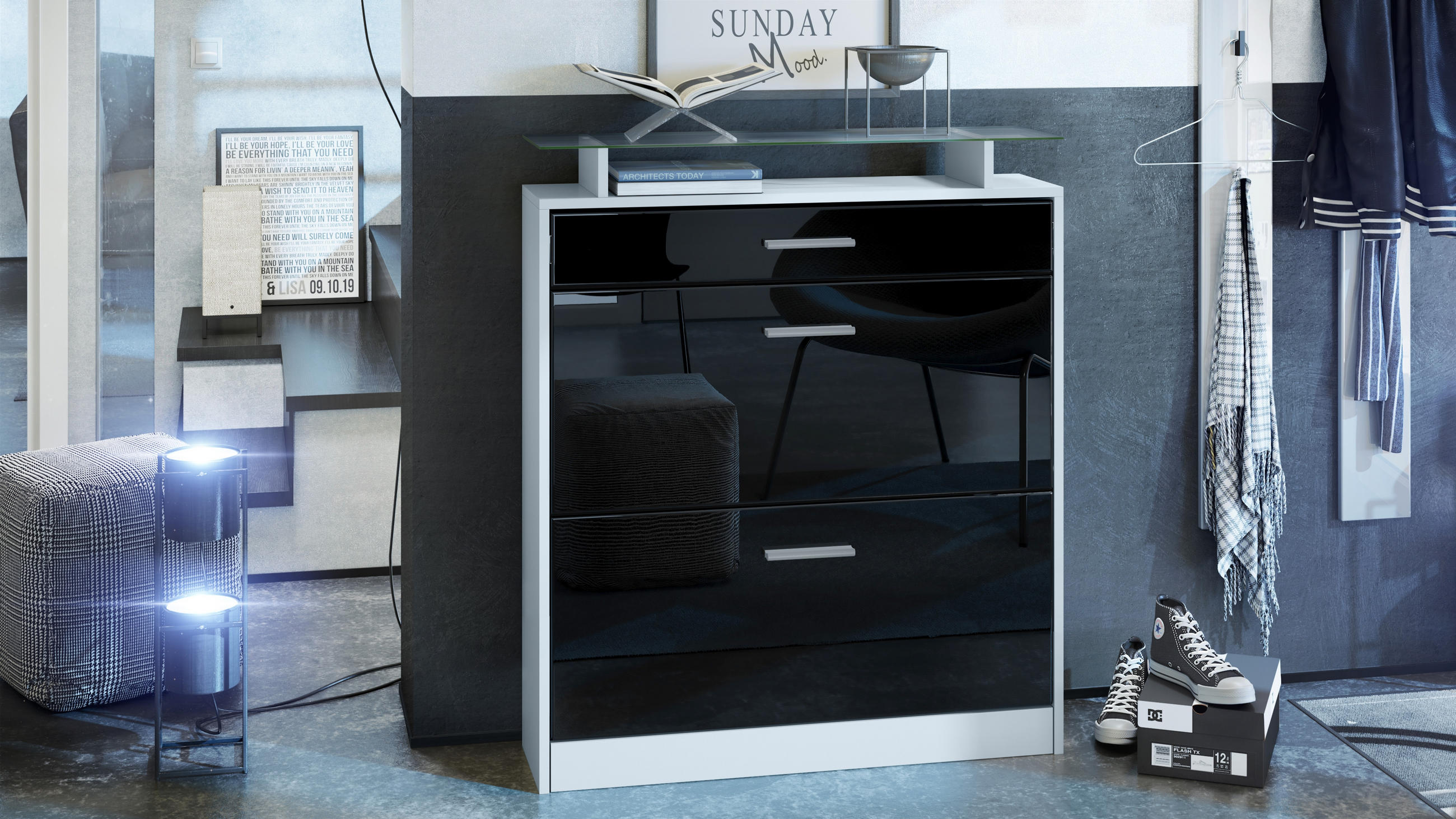 Thumbnail - Vladon Schuhschrank, Schwarz Hochglanz, Holzwerkstoff, 89x104x23 cm, Garderobe, Schuhaufbewahrung, Schuhkipper