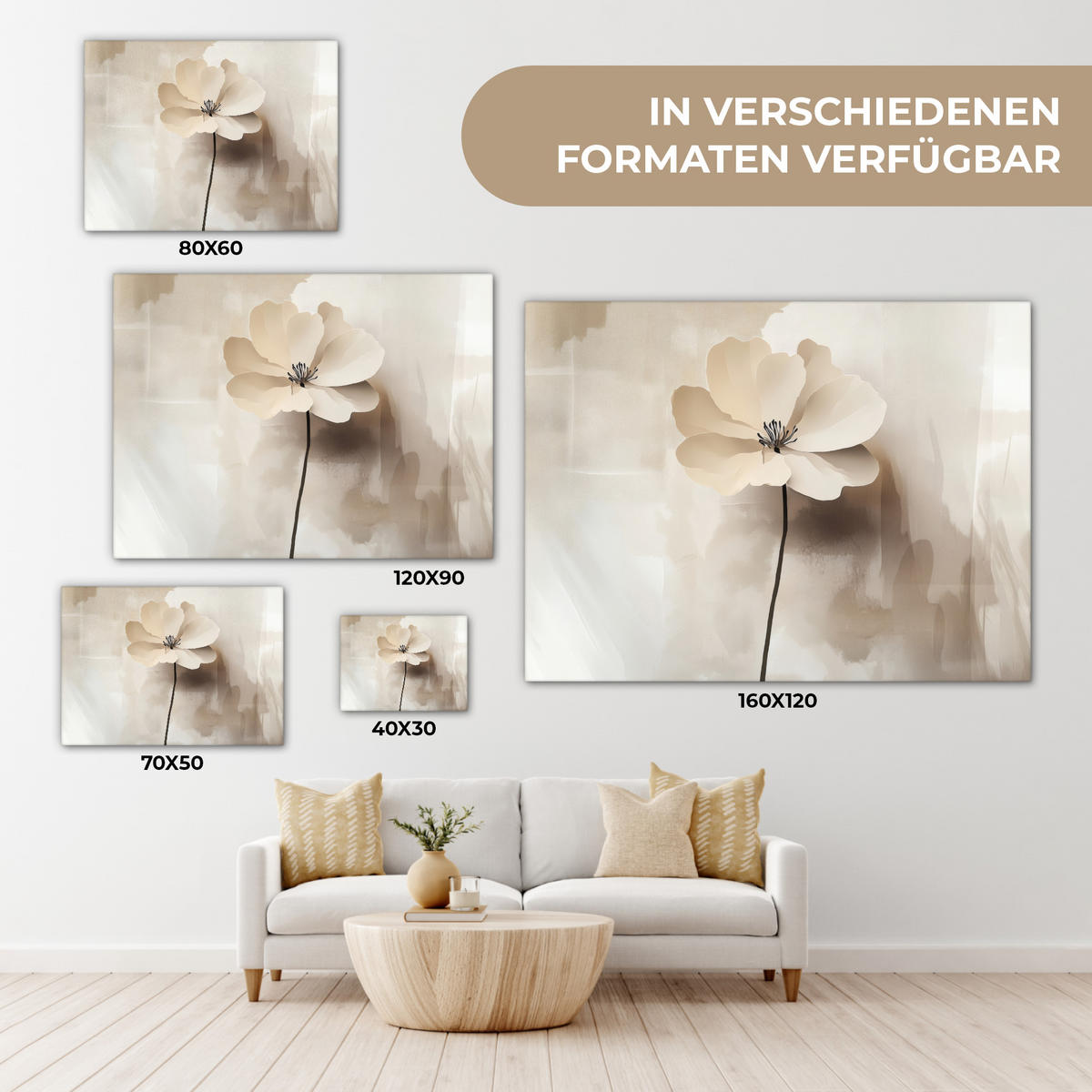 LEINWANDBILD Blume - Beige - Farbe - Schatten Wandbilder 80x60 cm - Creme, Textil (80/60cm) - MuchoWow