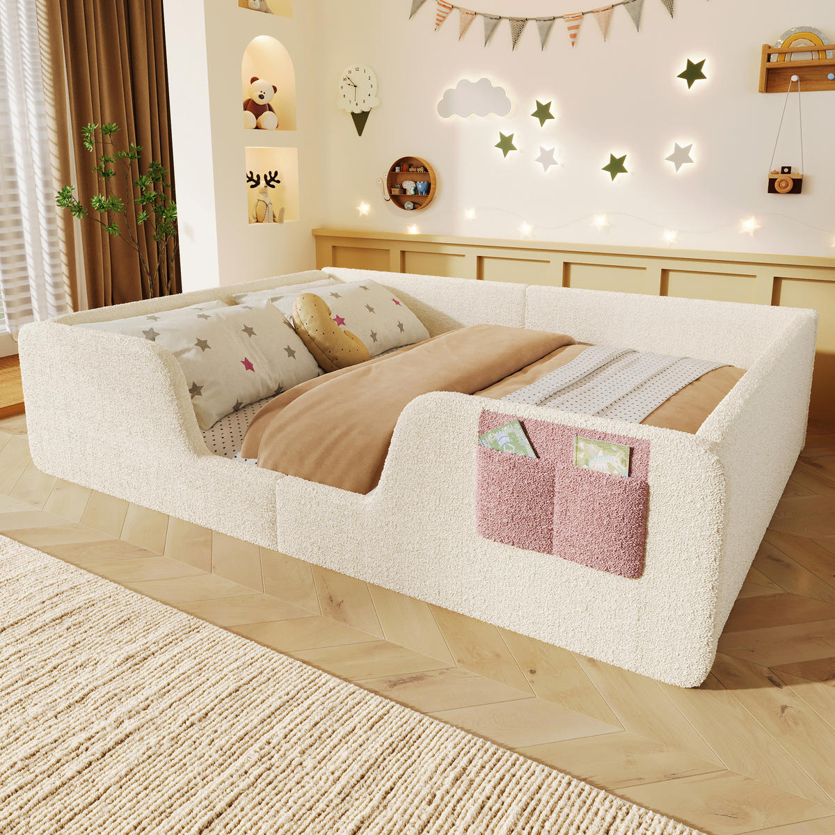KINDERBETT 140/190 cm mit abnehmbaren Seitengittern, Stofftasche und Samtbezug, Beige - Beige, Textil (140/190cm) - Redom