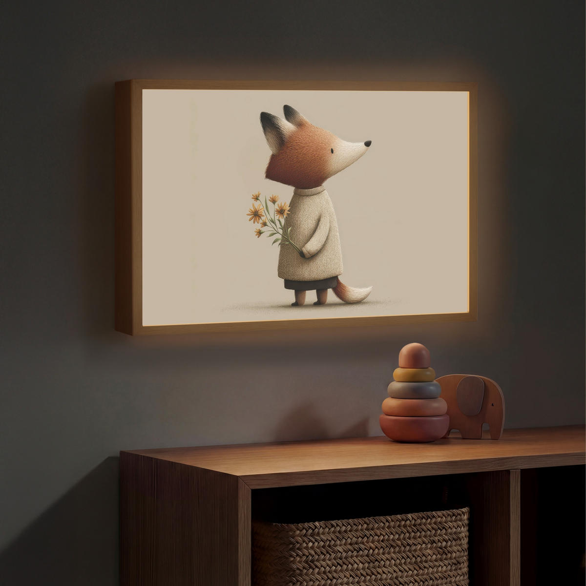 DOBÍJECÍ NOČNÍ LAMPIČKA Liška - Žluté květy - Minimalistický 60x40 cm - šedohnědá, kompozitní dřevo (8/60/40cm) - OnlyWow