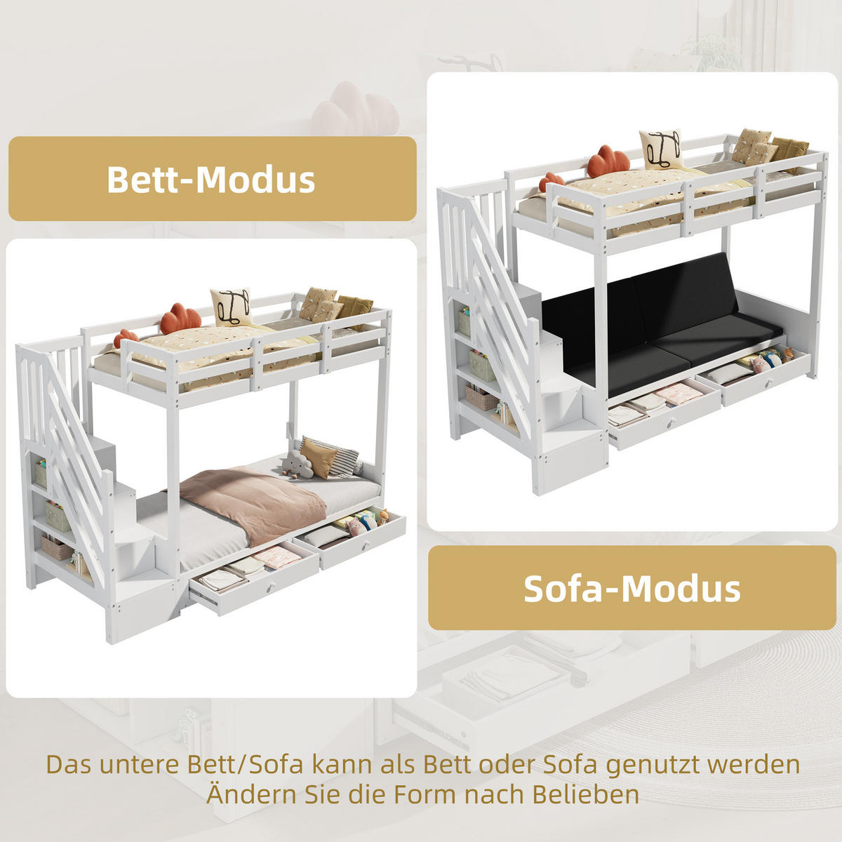 ETAGENBETT Kinderbett 90/200 cm aus Massivholz mit Sofa, Treppenschrank und 2 Schubladen Weiß - Weiß, Holz (90/200cm) - Modenvie