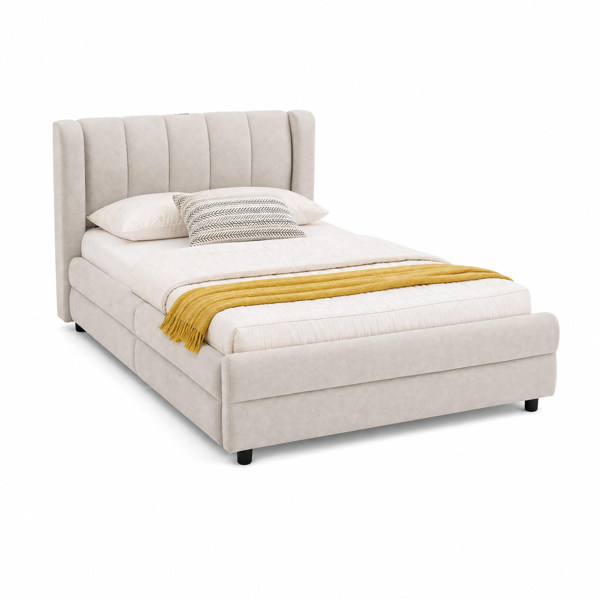 BETT mit Schubladen und USB 90x200 cm Chenille Beige - Beige, Holz (90/200cm) - Meubliv