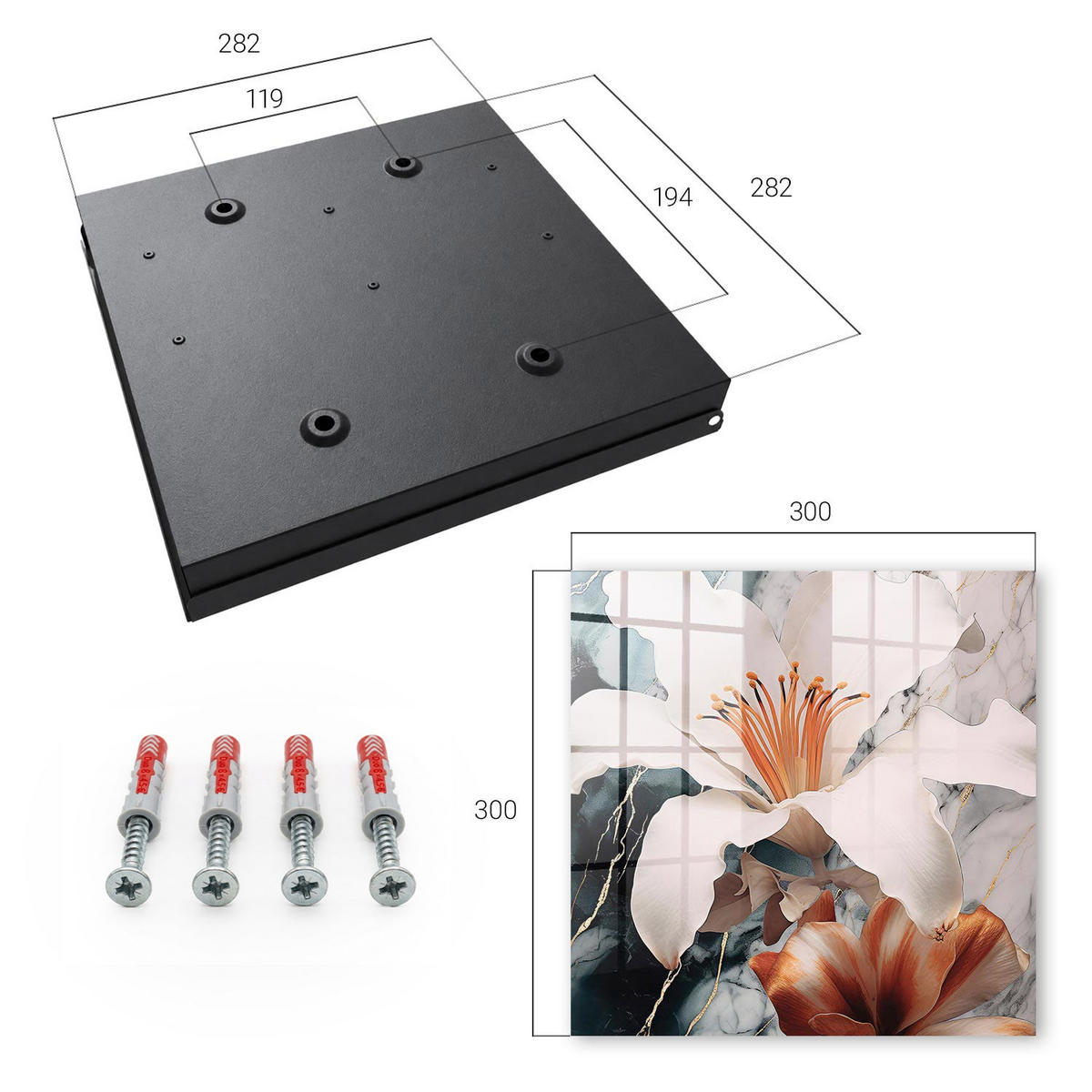 SCHLÜSSELBOX Schwarz 30x30 cm- Türöffnung nach rechts - Florale Eleganz - Weiß, Metall (30/30/5cm) - TULUP