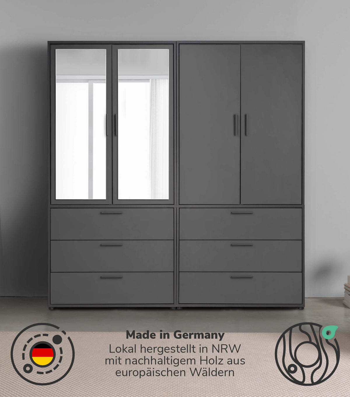 KLEIDERSCHRANK mit Spiegel Der Grenzenlose - Anthrazit, Holzwerkstoff (180/187/58cm) - Mokebo