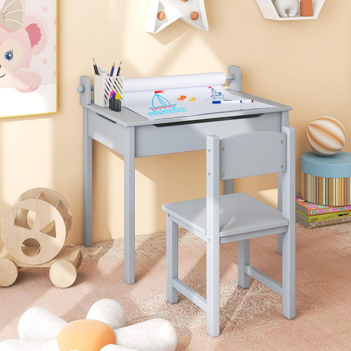 KINDERSCHREIBTISCH mit Stuhl grau(2-tlg) - Grau, Holzwerkstoff (66/58/40cm) - COSTWAY