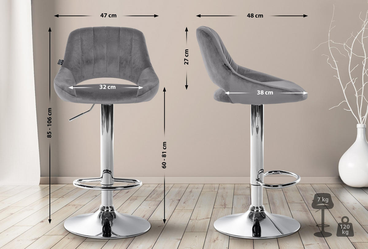 BARHOCKER 2er Set Samt dunkelgrau - Chromfarben/Dunkelgrau, Textil (47/85/48cm) - CLP
