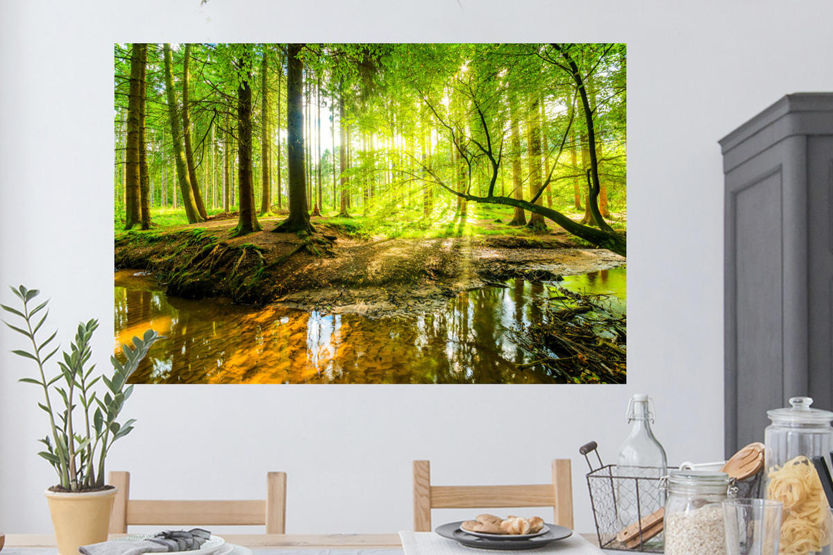 WANDTATTOO Wald - Landschaft - Wasser - Bäume - Sonne - Grün - Natur 120x80 cm - Grün, Kunststoff (120/80/0.1cm) - MuchoWow