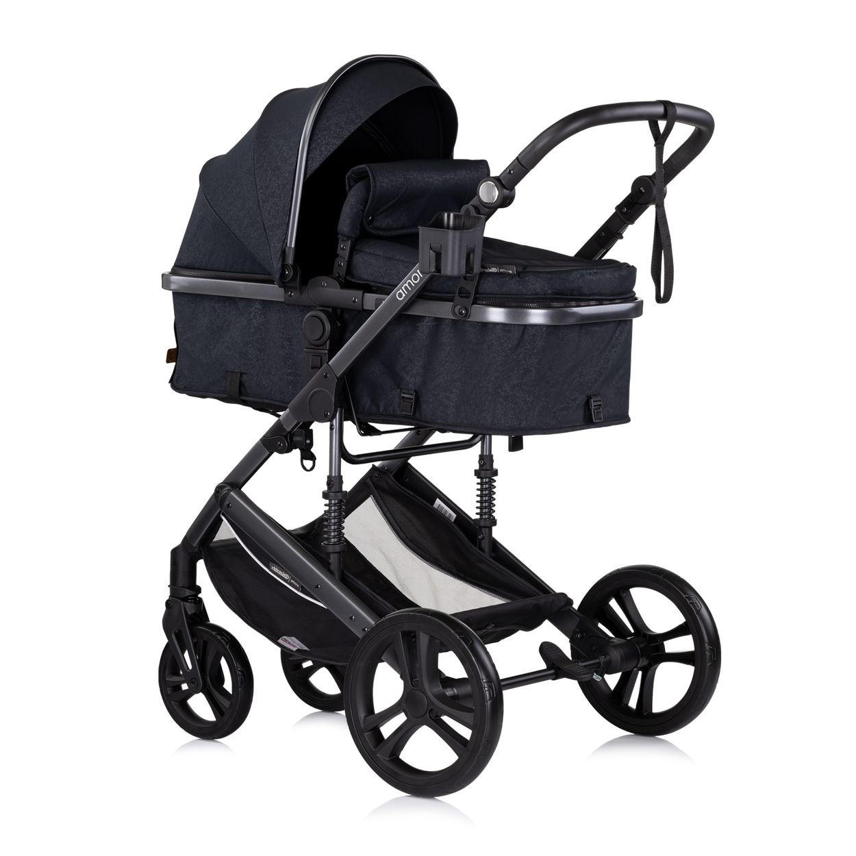 KOMBIKINDERWAGEN 2 in 1 Amore schwarz gemustert Getränkehalter Wickeltasche Fußabdeckung Korb - Schwarz, Metall (95/63/105cm) - Chipolino