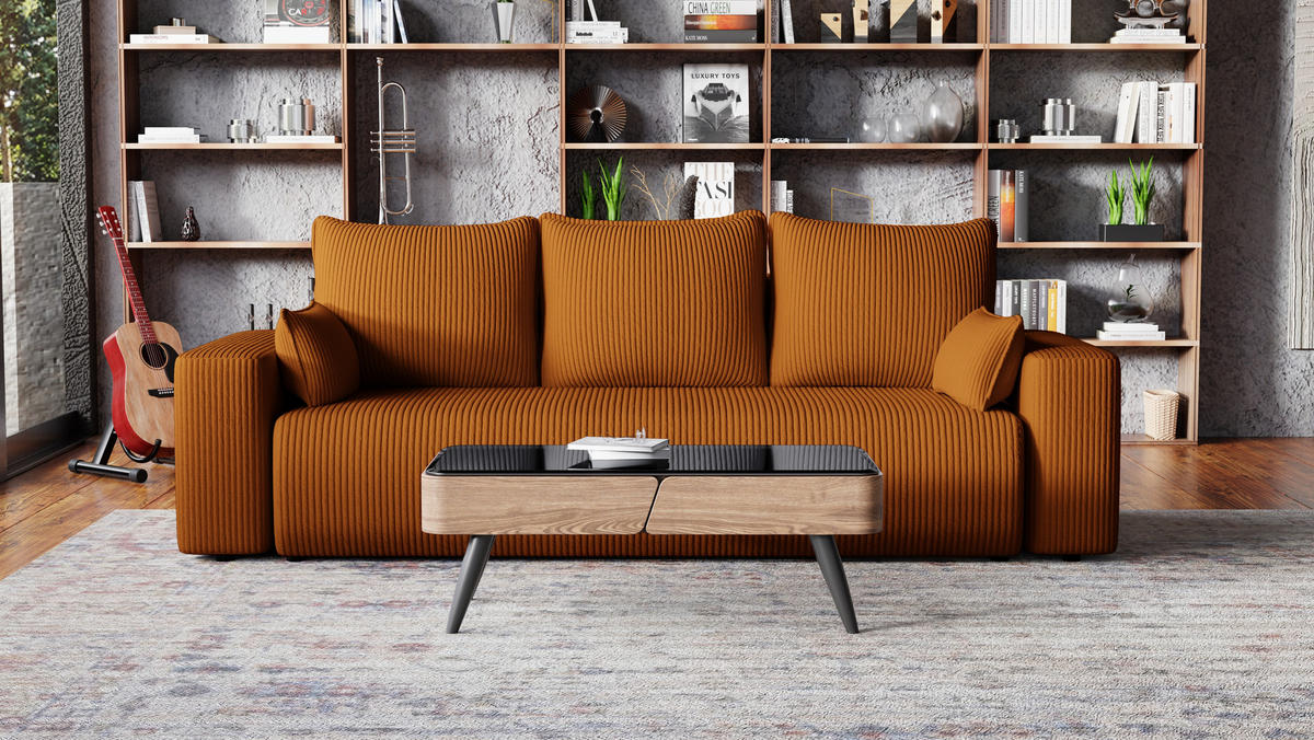 SOFA Bubi mit Bettkasten und Schlaffunktion, Cordstoff - Rostfarben, Holzwerkstoff (242/85/95cm)