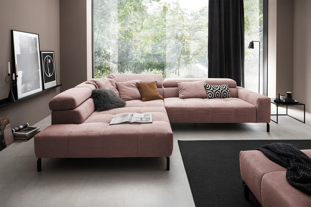 ECKSOFA OHIO Pink Cord - Pink/Schwarz, Textil/Metall (311/219cm) - KAWOLA