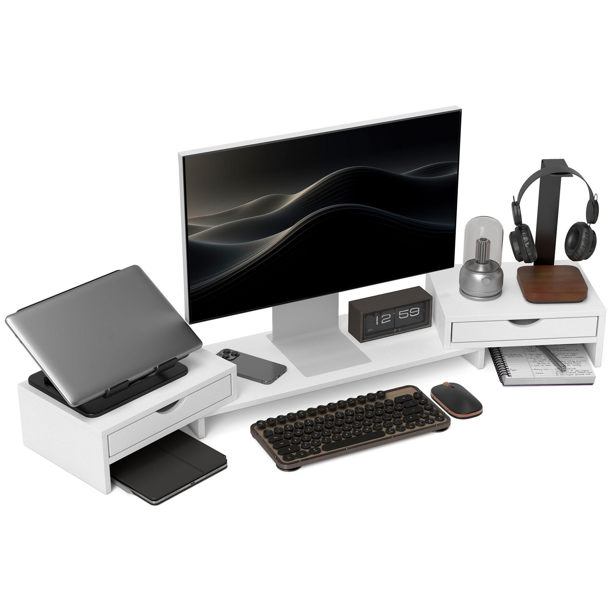 MONITORSTÄNDER DE-16700 ausziehbar 60-116 cm, 2 Schubladen, neigbar - Weiß, Holzwerkstoff (60/22/12cm) - ComfortXL