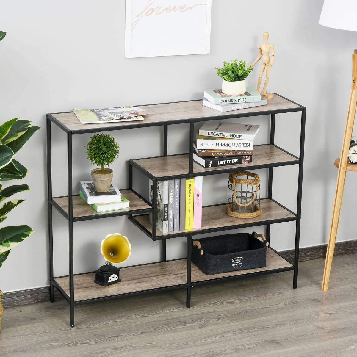 STANDREGAL, Metall, Schwarz+helle Eiche - Schwarz, Holzwerkstoff (32/95/120cm) - HOMCOM