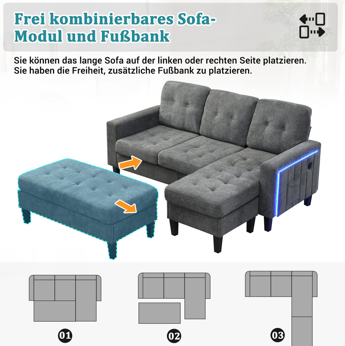 ECKSOFA 185/135/85 cm mit Schlaffunktion Antique Gray aus Chenille mit LED und USB - Grau, Kunststoff (135/185cm) - OKWISH