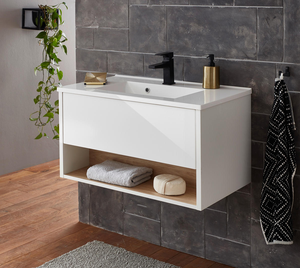 WASCHTISCH M20 Weiß Hochglanz & Eiche Dekor 80/42/46 cm schmal ohne Waschbecken - Weiß Hochglanz/Eichefarben, Holzwerkstoff (80/42/46cm) - Livojo
