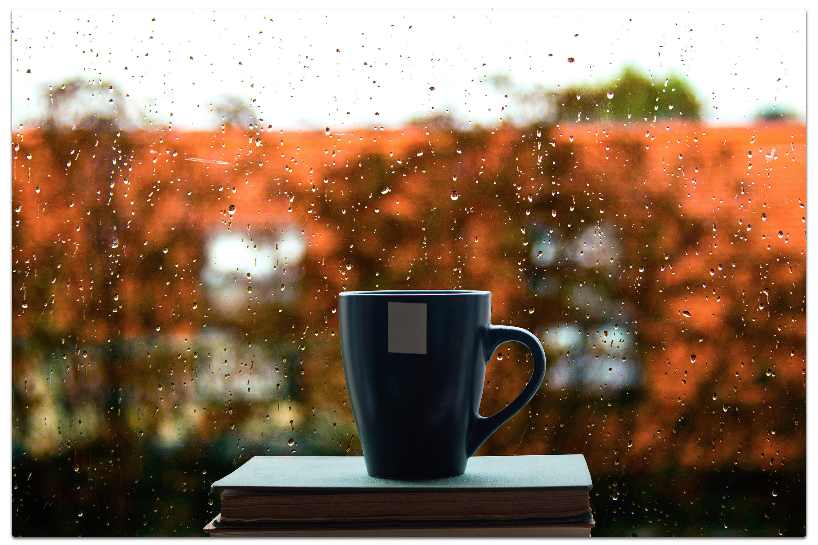 Eine Kaffeetasse auf einem Stapel Bücher, umgeben von herbstlichem Regen vor dem Fenster