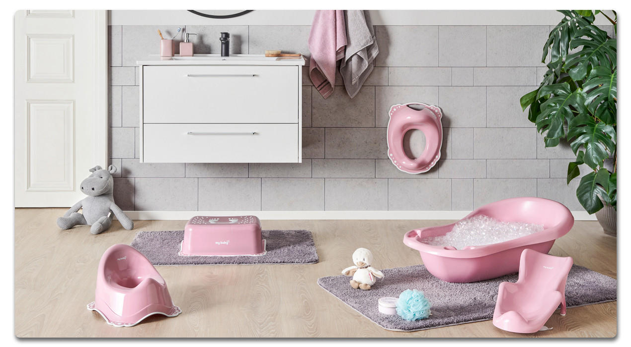 rosanes babybadeset mit wanne, töpfchen und hocker