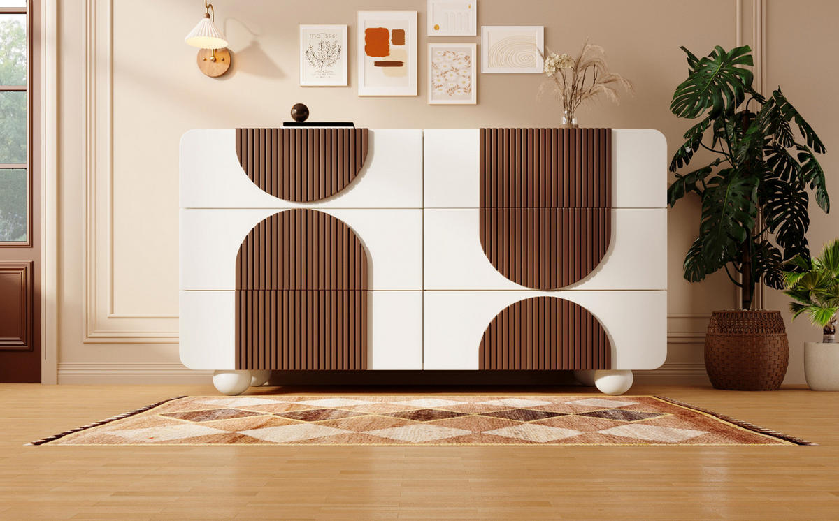KOMMODE, 6 Schubladen – weiße Holzoptik mit schokoladenfarbenen Leisten, geschwungenes Design, 121x41x71 cm, Weiß - Weiß, Holzwerkstoff (41/71/121cm) - Modfu