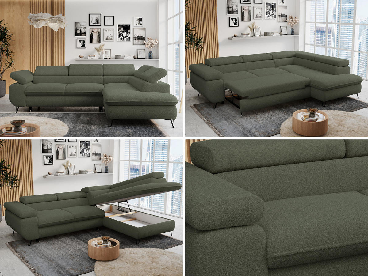 ECKSOFA PETER L Grün Boucle - Rechts Seite - Schwarz/Grün, Textil/Metall (273/208cm) - MKS