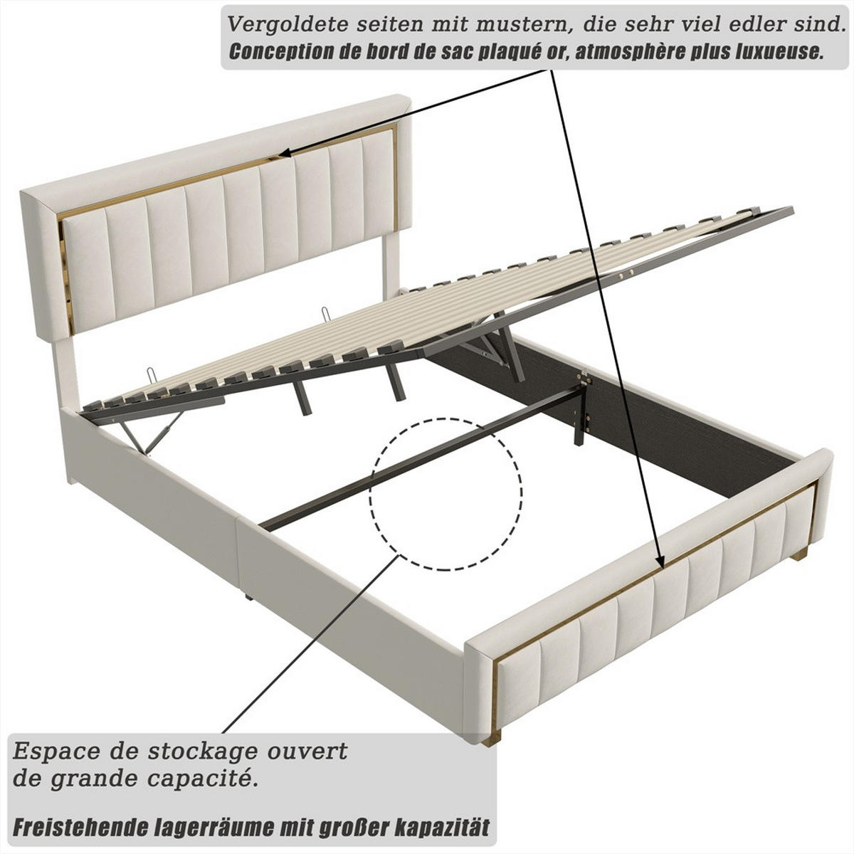 POLSTERBETT 140x200 cm - mit vertikal gestepptem Kopfteil und hydraulischem Bettkasten - ohne Matratze - Beige, Textil (140/200cm) - DELFA