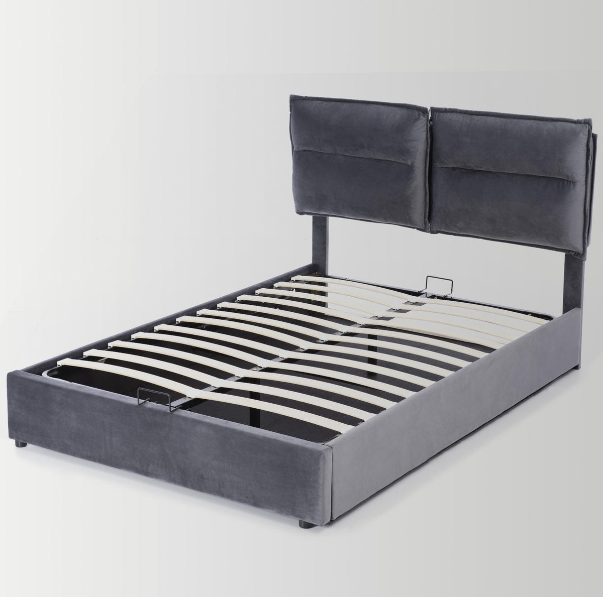 POLSTERBETT aus Samt 140x200 cm Grau mit Matratze, verstellbarem Kopfteil und Bettkasten - Grau, Textil (140/200cm) - IVMEU