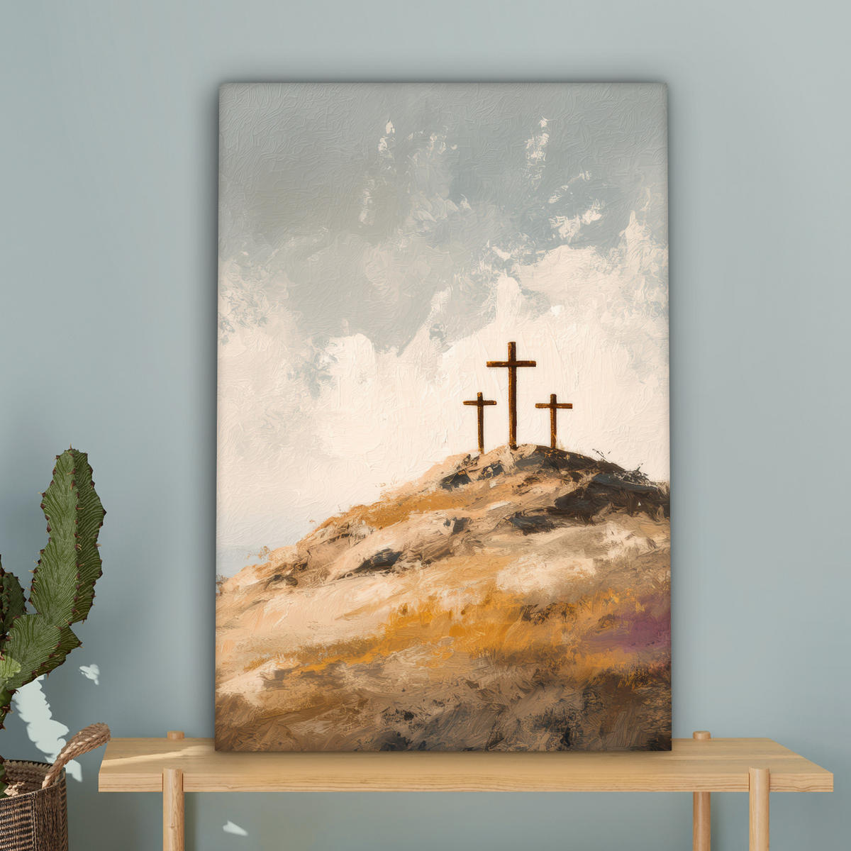 LEINWANDBILD Hügel - Abstrakt - Christentum - Kreuz Wanddeko Schlafzimmer 60x90 cm - Hellgrau, Textil (60/90cm) - MuchoWow