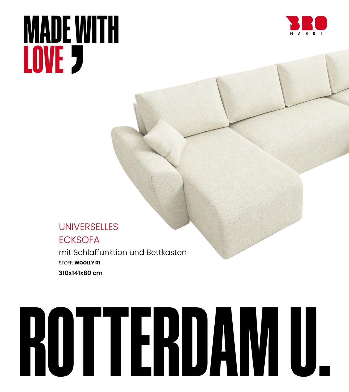 WOHLANDSCHAFT Rotterdam U mit Schlaffunktion Beige Bouclé - Beige, Textil (310/80/141cm) - Bromarkt