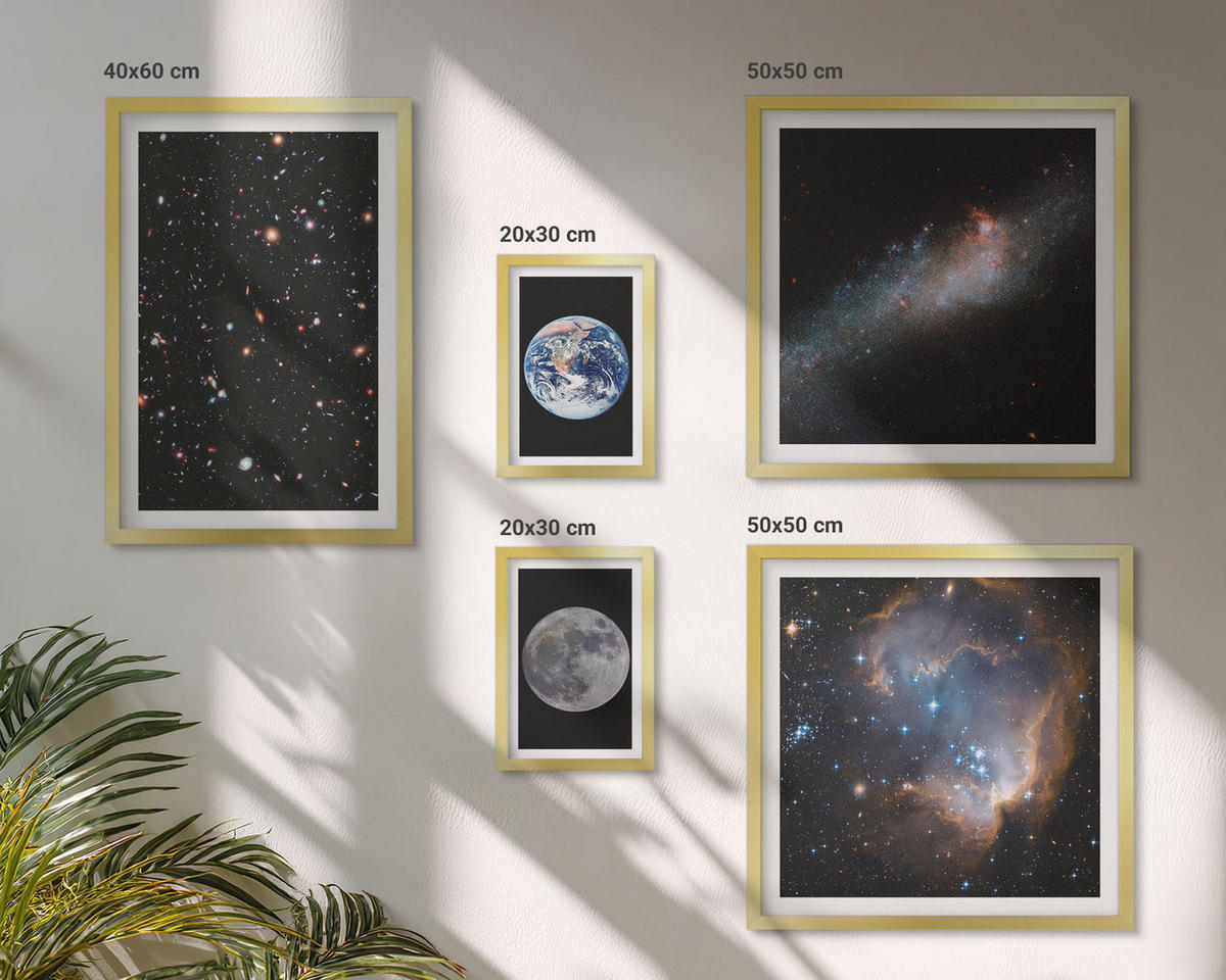 BILDER SET 5er Set - 50x50 cm & 20x30 cm & 40x60 cm Goldrahmen - Galaxie Weltraum Mond - Goldfarben, Kunststoff (40/60cm) - TULUP