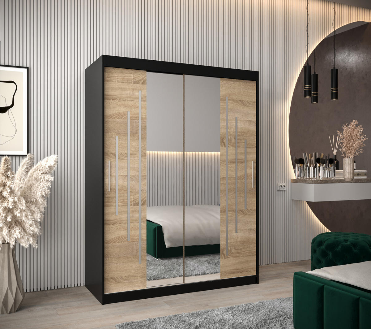 SCHWEBETÜRENSCHRANK 200/150/62 2-türig - Silberfarben/Schwarz, Holz/Kunststoff (150/200/62cm) - Abiks Möbel