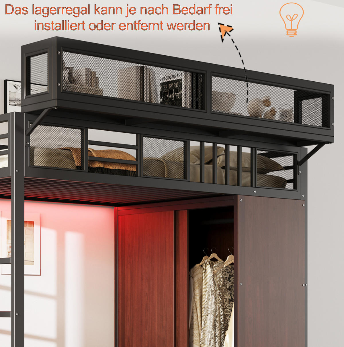 HOCHBETT aus Metall und Holz 90x200 cm Schwarz mit LED-Beleuchtung, Kleiderschrank und Aufbewahrungsleiter - Schwarz, Metall - Modfu