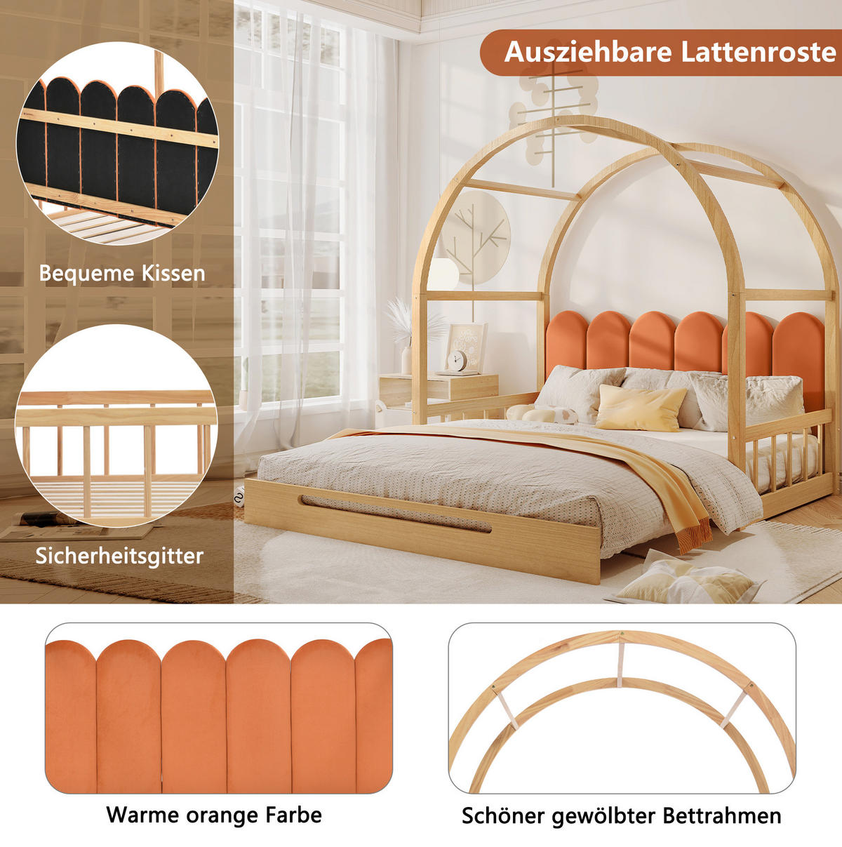 KINDERBETT 140/200 cm mit Ausziehfunktion, Dachrahmen, Kiefernholz und Matratze, Natur/Orange - Naturfarben, Holzwerkstoff (140/200cm) - Redom