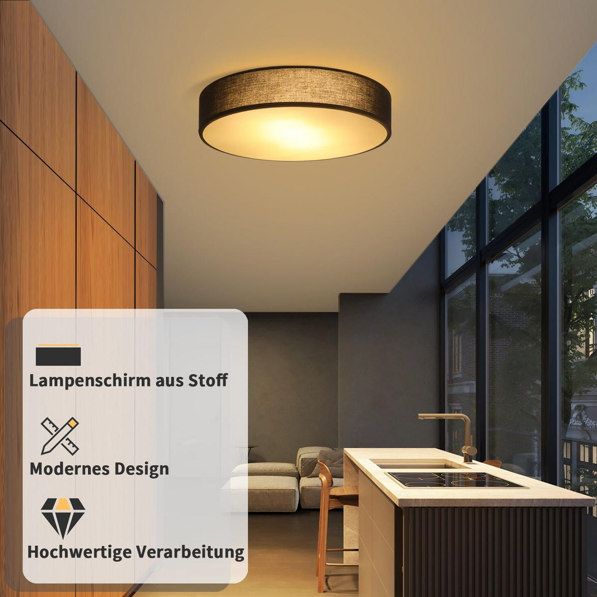 LED-DECKENLEUCHTE Kelsar 38.0/38.0/10.5 cm - Schwarz, Textil (38/38/10.5cm) - ZMH