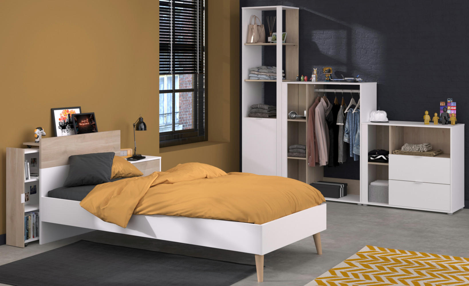 JUGENDZIMMER weiß, Eiche, Komplett-Set 6-teilig mit vielen Fächern - Eichefarben/Weiß, Holzwerkstoff (95/205/206cm) - Parisot Meuble