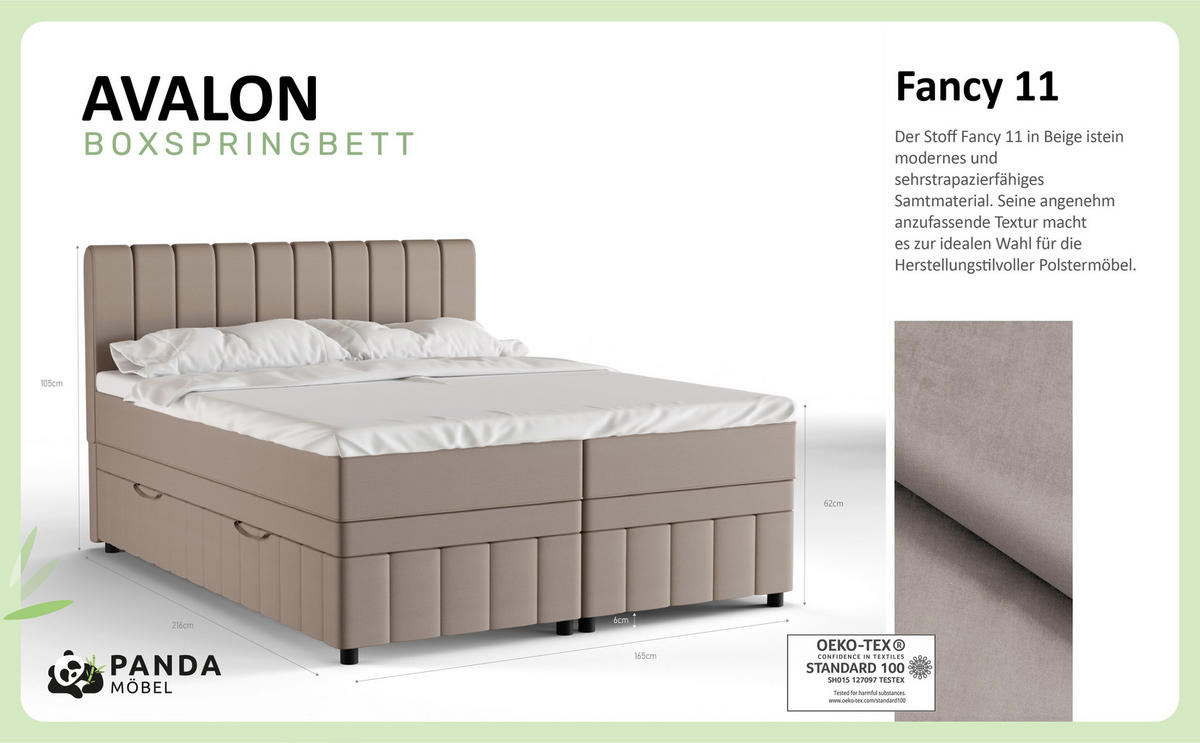 BOXBETT AVALON 160 x 200 cm mit Bettkasten und Topper - Beige - Beige, Holz - Panda Möbel