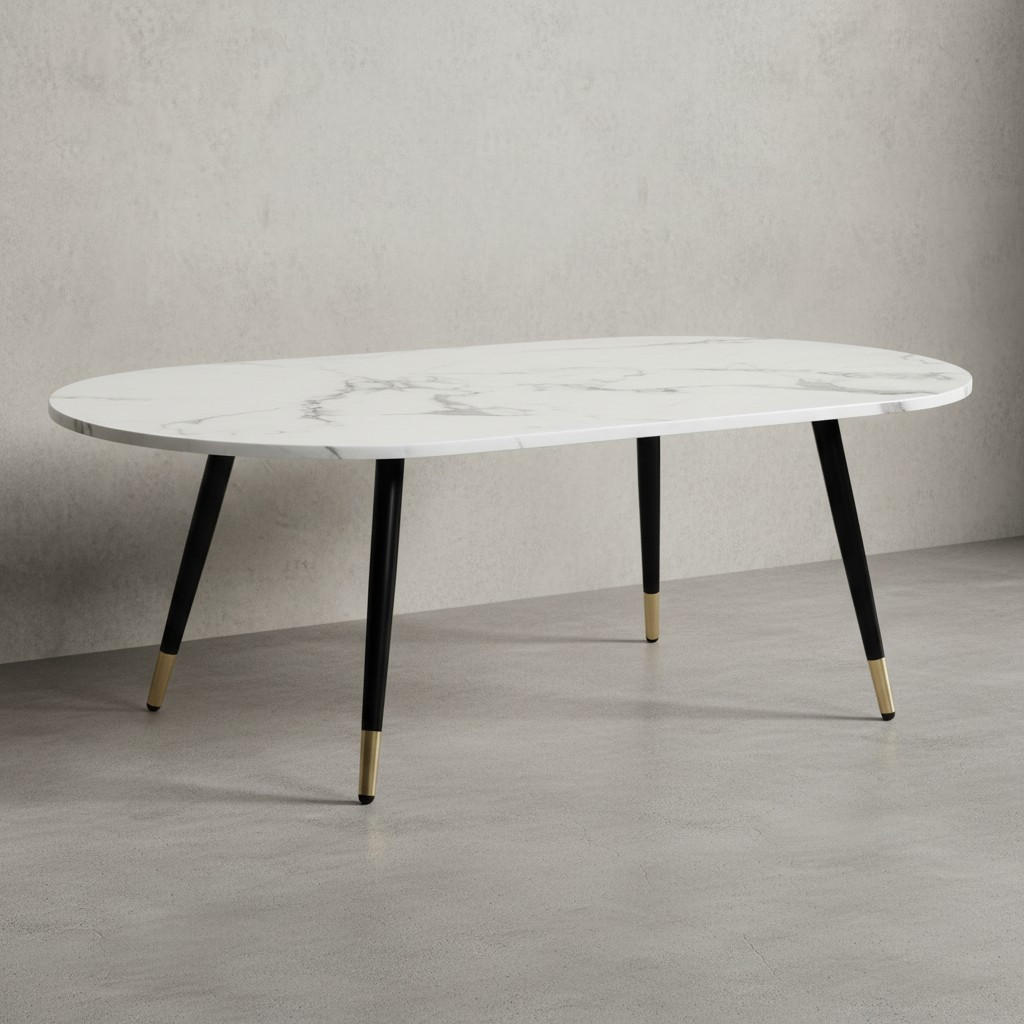COUCHTISCH oval in Marmor-Optik – mit Metallgestell im modernen Design, Weiß 120x60x42 cm - Goldfarben/Weiß, Holzwerkstoff/Metall (60/120/42cm) - KADIMA DESIGN