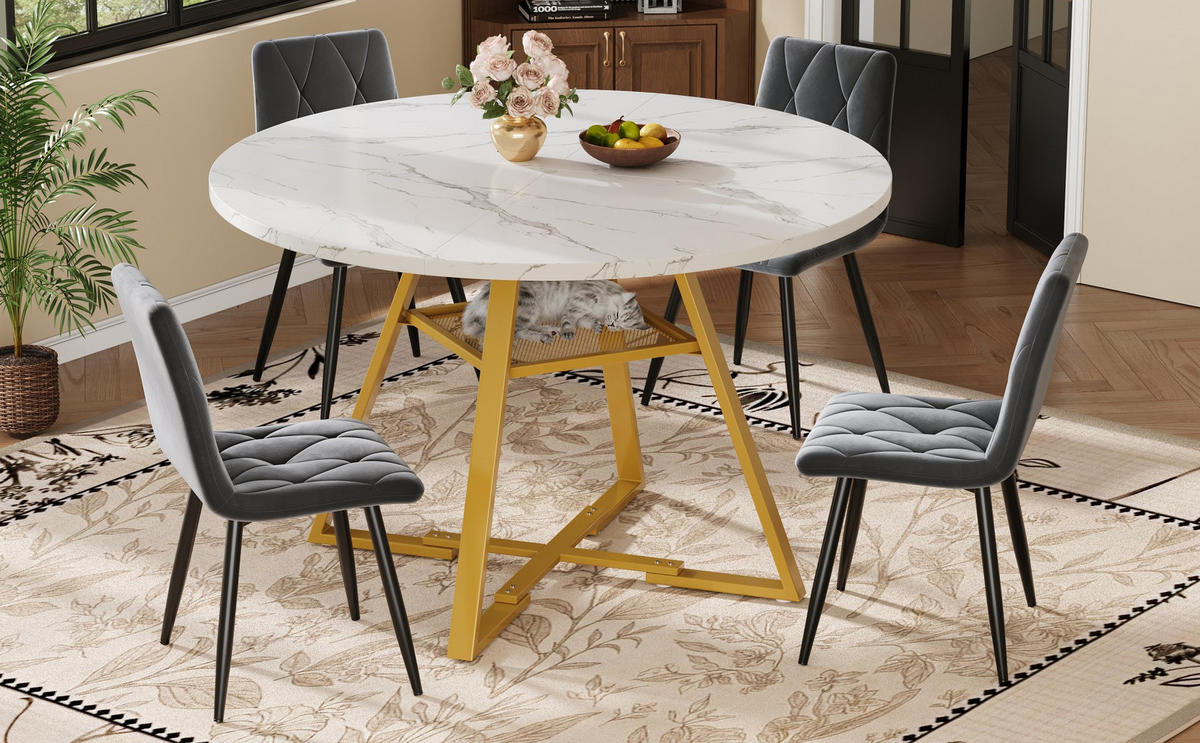 RUNDER Esstisch, MDF in Marmoroptik mit Metallgestell & Ablageregal, Ø 120/75 cm, Weiß - Weiß, Holzwerkstoff (120/120/75cm) - Redom