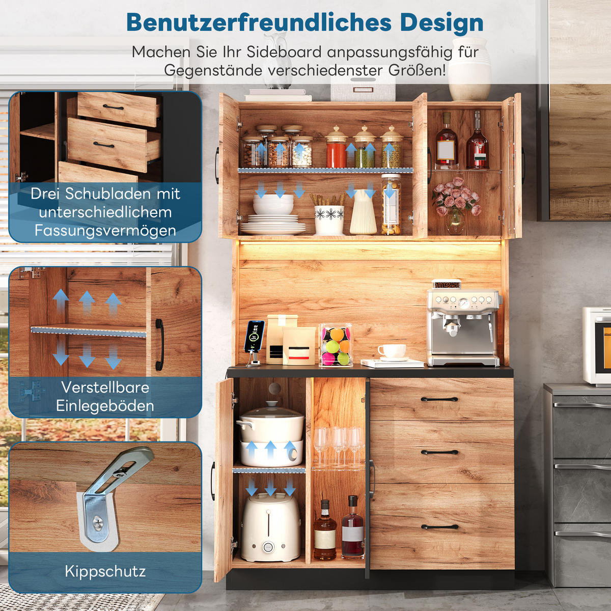 BUFFET 105/40/180 cm Neutral mit LED-Beleuchtung, verstellbaren Einlegeböden und Steckdose im Euro-Stil - Naturfarben, Holz (105/180/40cm) - Oxeza