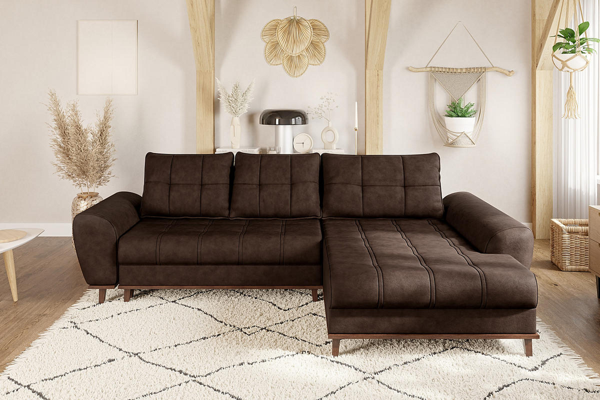 ECKSOFA im Scandi-Stil, Schlaffunktion, Bettkasten B268/T175/H86 cm, Ottomane rechts, Liegefl. 128x209 cm, Mikrofaserstoff in Vintage Braun / 21017 - Eichefarben/Braun, Holz/Textil (268/175cm) - luma-home