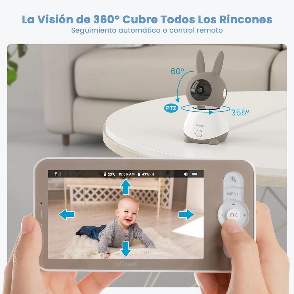 BABYPHONE 5 Zoll 2K 3MP 360° PTZ Kamera Bewegungserkennung Monitor - Grau, Kunststoff - Kaket