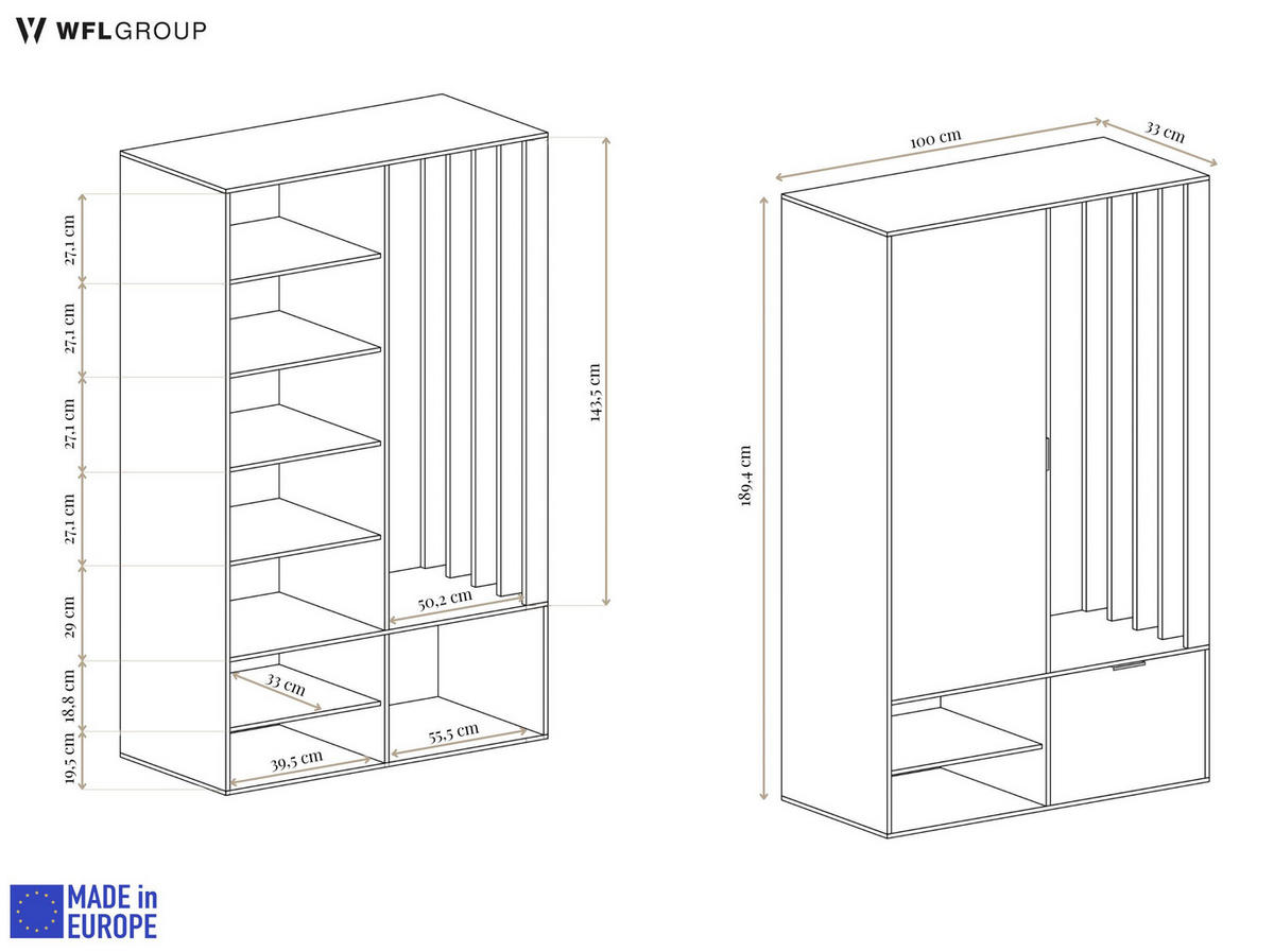 GARDEROBEN-SET Lena mit Spiegel, Sitzbank & Kleiderstange – 100/189/33 cm – Artisan Eiche - Braun/Eiche Artisan, Holzwerkstoff (100/189/33cm) - WFL GROUP