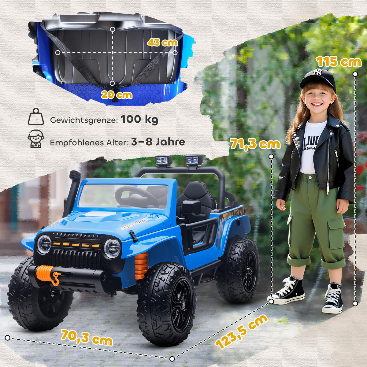 KINDER Elektroauto 12V Kinderauto Elektrisch mit Fernbedienung 2 Motor Hupe LED - Blau, Metall (123.5/70.3/71.3cm) - AIYAPLAY
