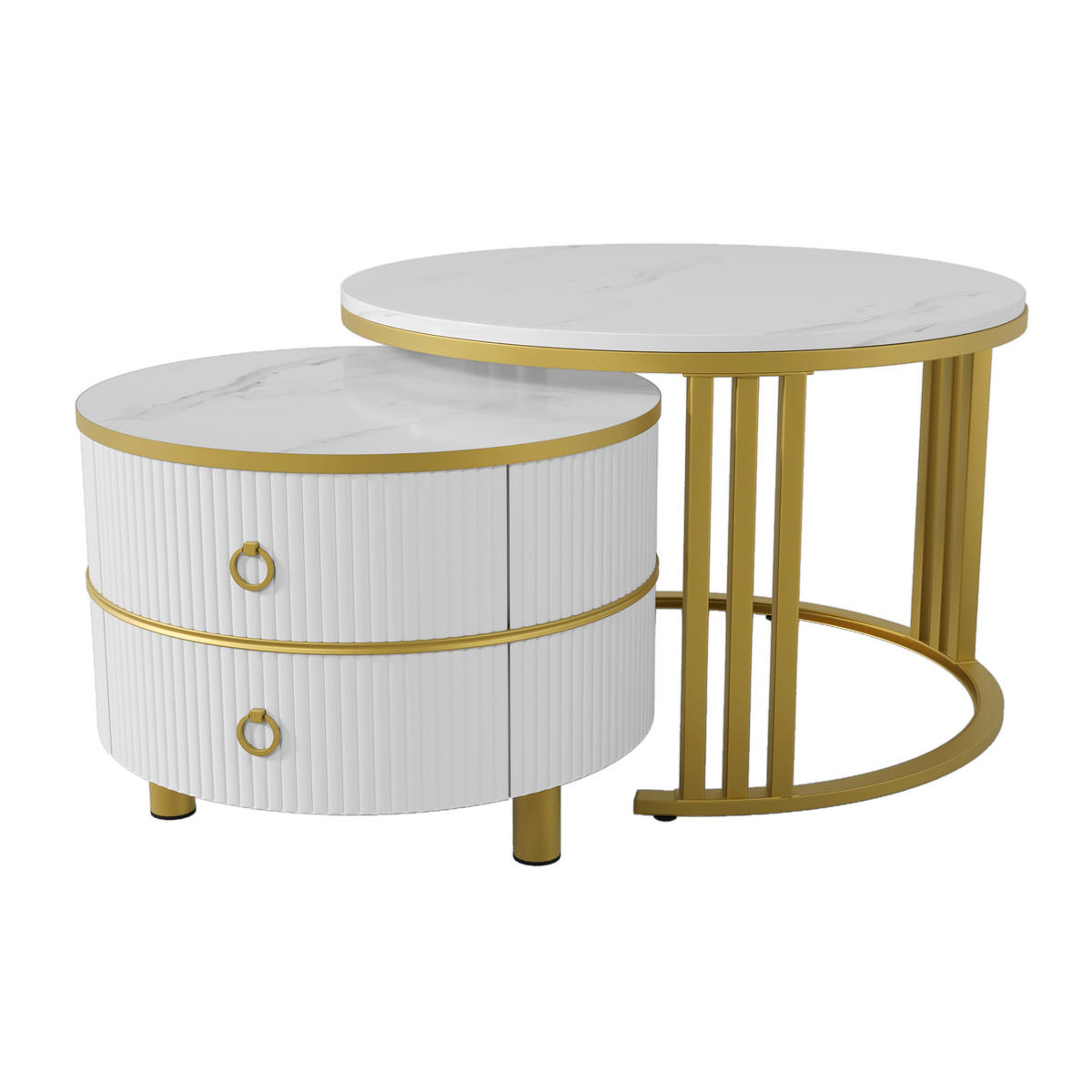 COUCHTISCH-SET, MDF mit Marmormuster und Hochglanzplatte, 2 runde Tische mit Schubladen, 70/70/46 + 50/50/40 cm, Gold und Weiß - Weiß, Holzwerkstoff (70/70/46cm) - Redom