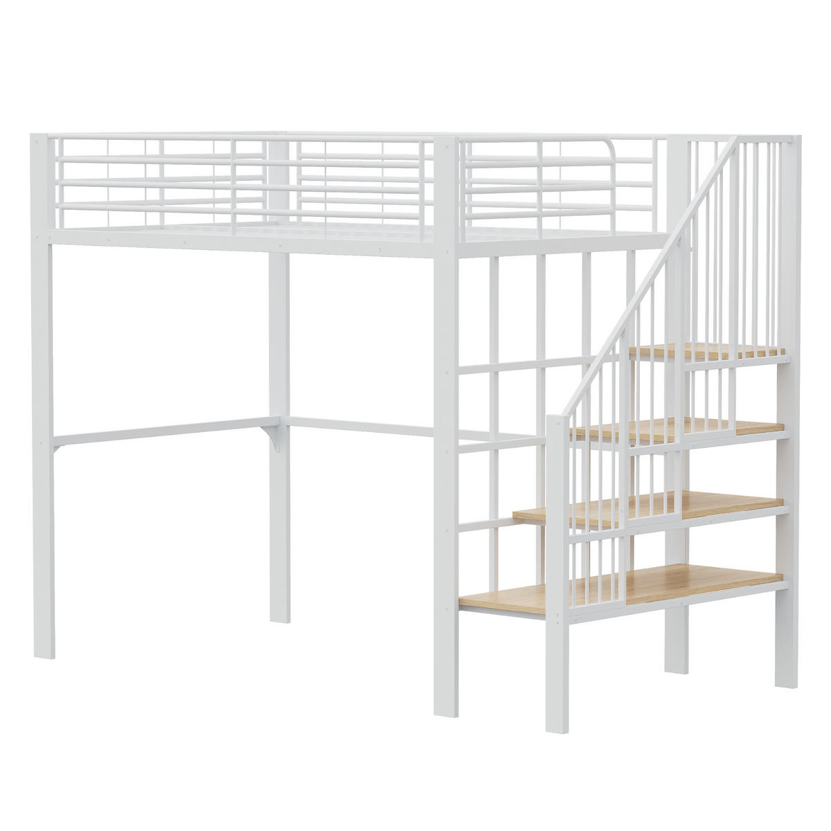 HOCHBETT 140/200 cm Weiß mit Stauraum und Treppe aus Metall und Holz - Weiß, Metall (140/200cm) - OKWISH