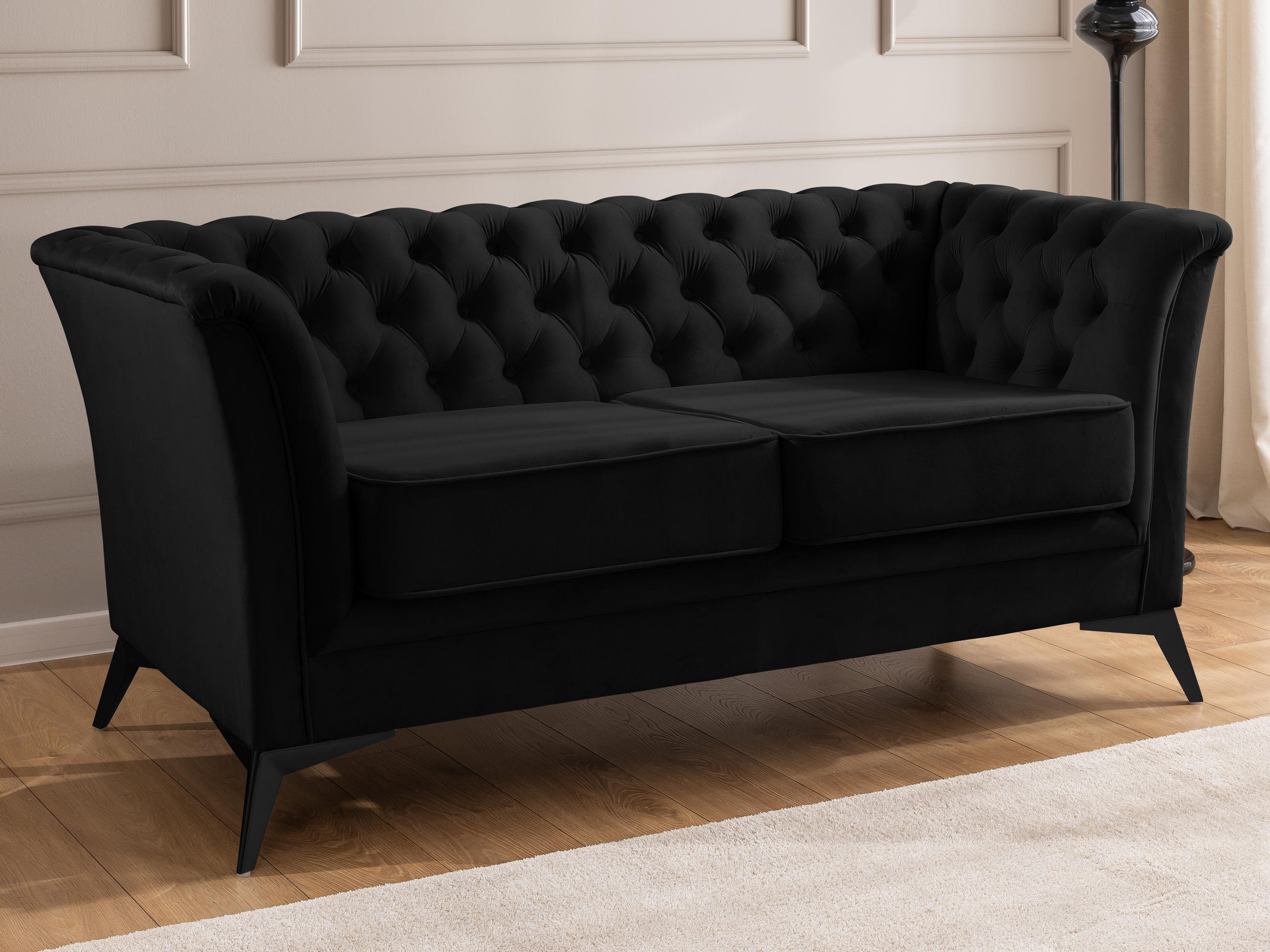 CHESTERFIELD-SOFA 2-sitzer Whitby Schwarz Samt mit schwarzen Füßen - Schwarz, Holz/Textil (175/78/82cm) - S-Style Möbel