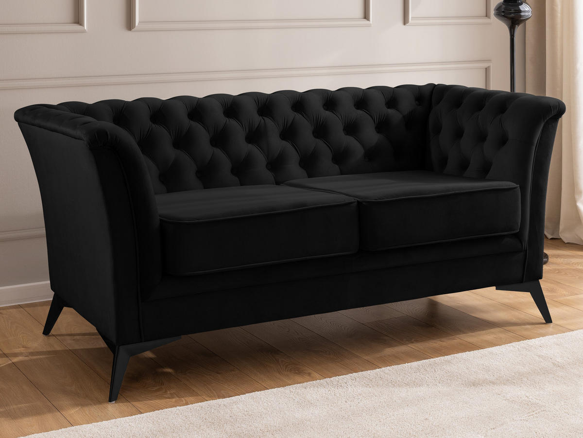 CHESTERFIELD-SOFA 2-sitzer Whitby Schwarz Samt mit schwarzen Füßen - Schwarz, Holz/Textil (175/78/82cm) - S-Style Möbel