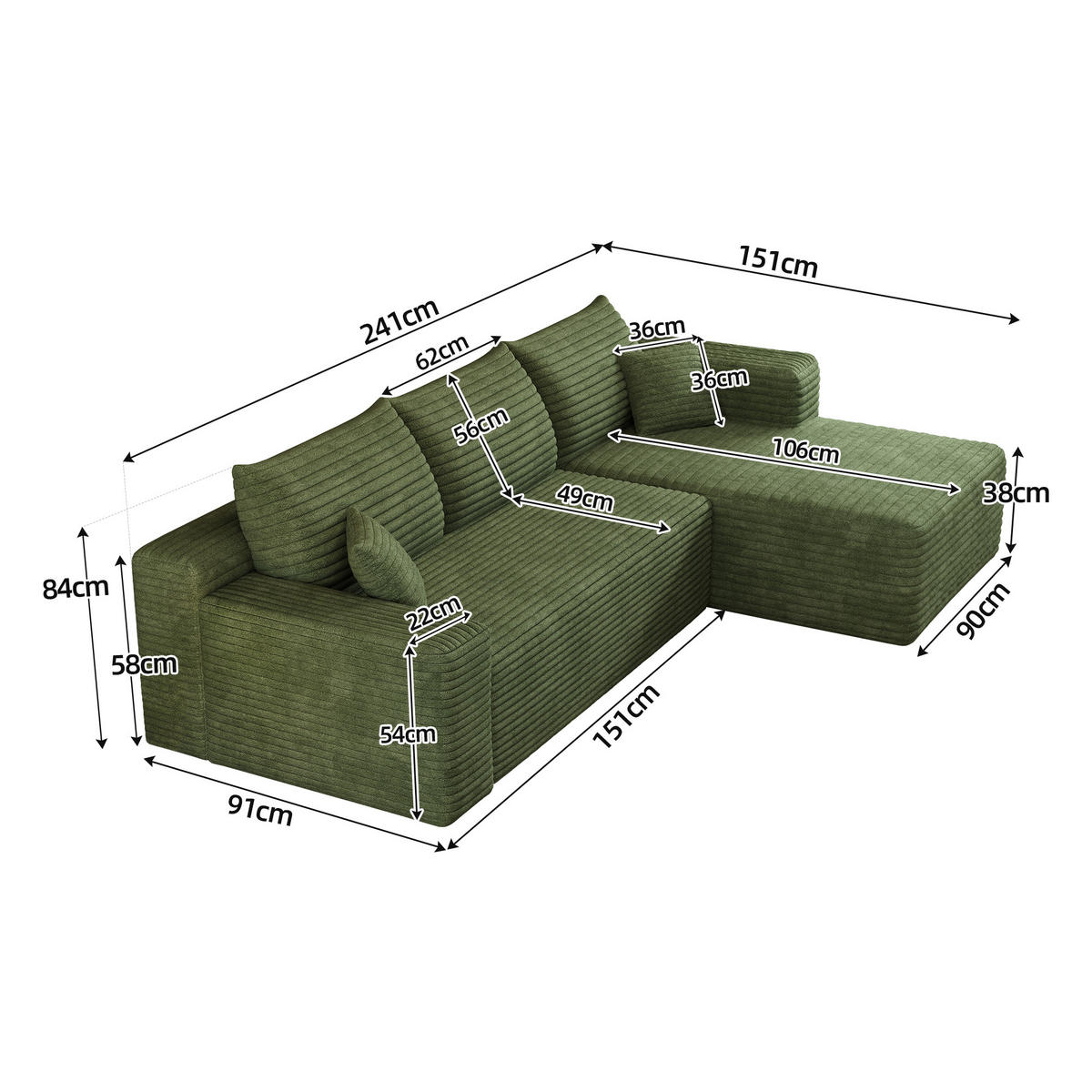 ECKSOFA Stoff Grün modular - Grün, Textil (241/151cm) - WISHDOR
