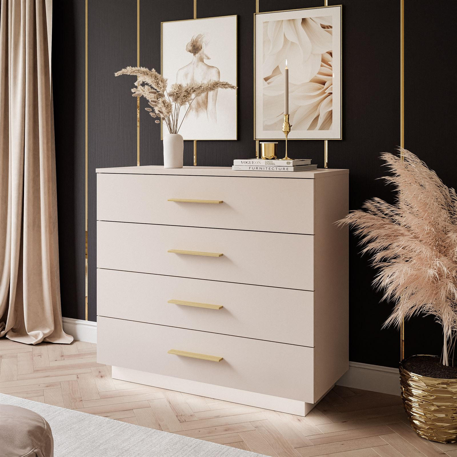 KOMMODE LINA KASCHMIR 95 cm mit LED-Beleuchtung Griffe Goldmatt - Kaschmir/Goldfarben, Holzwerkstoff (95/84/40cm) - Lookway