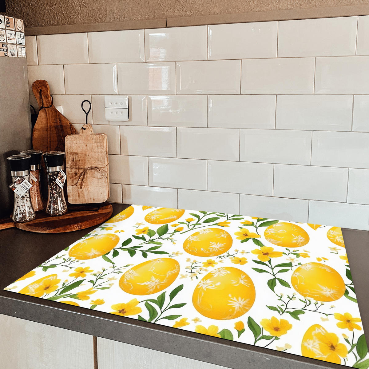 HERDABDECKPLATTE Blumen - Ostereier - Gelb Induktionsmatte 77x59 cm - Gelb, Kunststoff (77/59/0.2cm) - MuchoWow